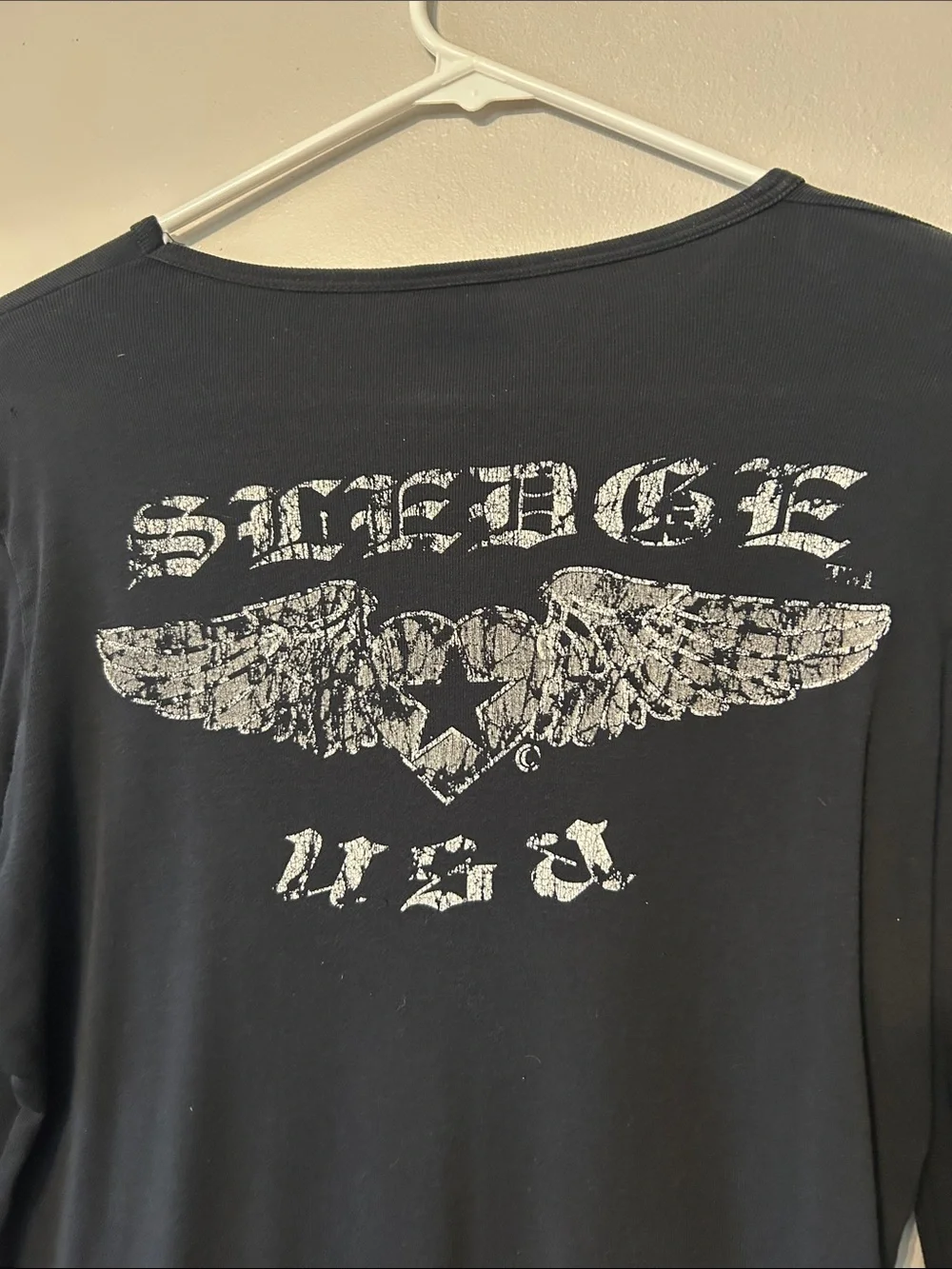 Affliction Black Long-Sleeve Tee with Distressed Winged Heart Graphic